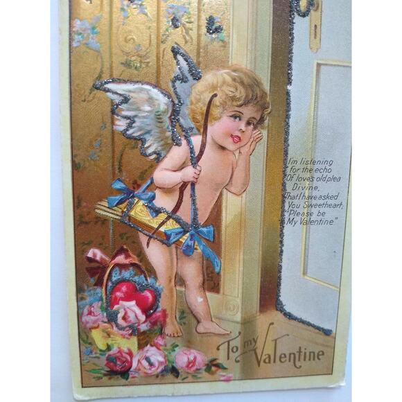 Valentines Day Postcard Cupid Angel Series No 1 Embossed Glitter Echo Of Love - Picture 7 of 8